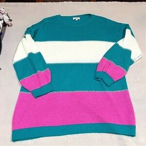 Umgee Color Block Tunic Sweater Dress Teal Pink White Womens Large